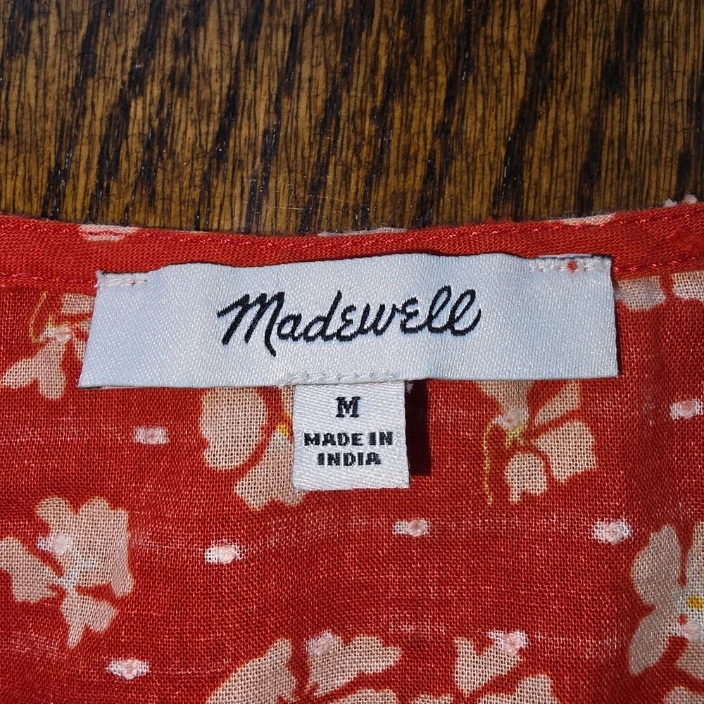 Madewell Red Floral Clip Dot Peplum Blouse Short Puff Sleeve Button Front Top M